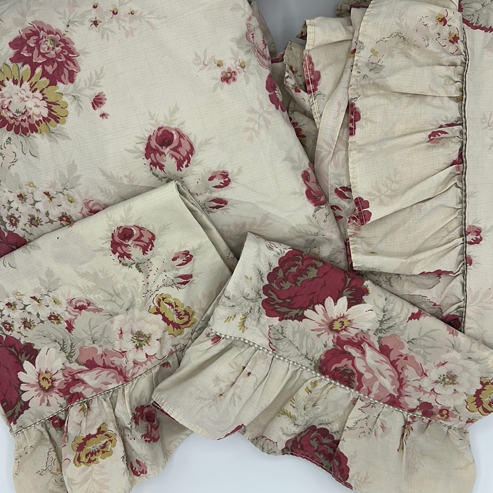 Waverly Norfolk Vintage Rose design sheet set QUEEN SET Q w 2 ruffle pillowcases